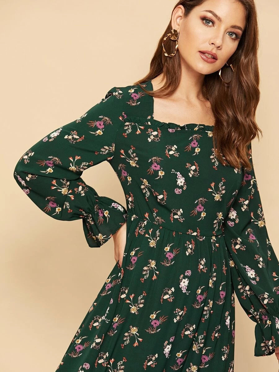 80s Frill Trim Allover Floral Print Pleated Dress Periwinkley Shop