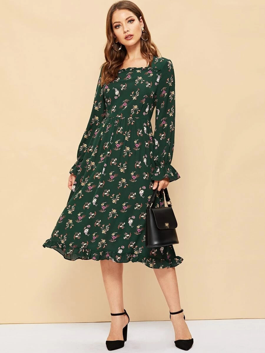 80s Frill Trim Allover Floral Print Pleated Dress Periwinkley Shop