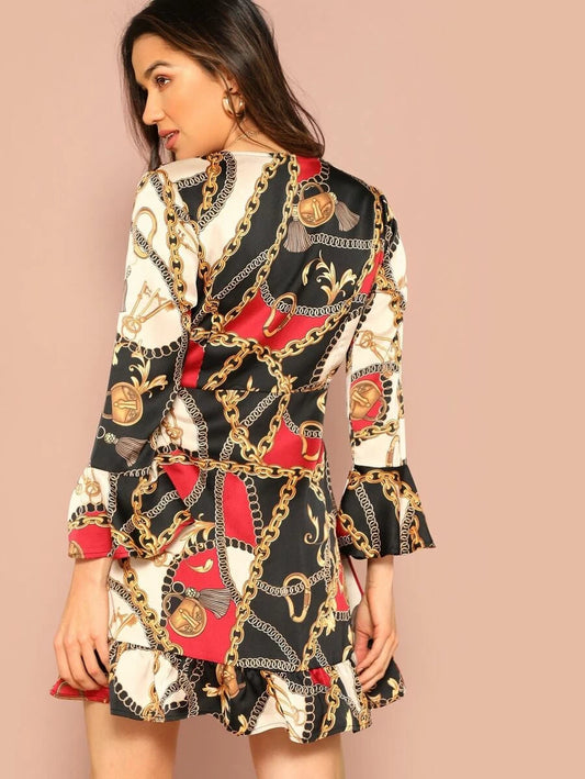 Flounce Sleeve Ruffle Trim Chain Print Wrap Belted Dress Periwinkley Shop