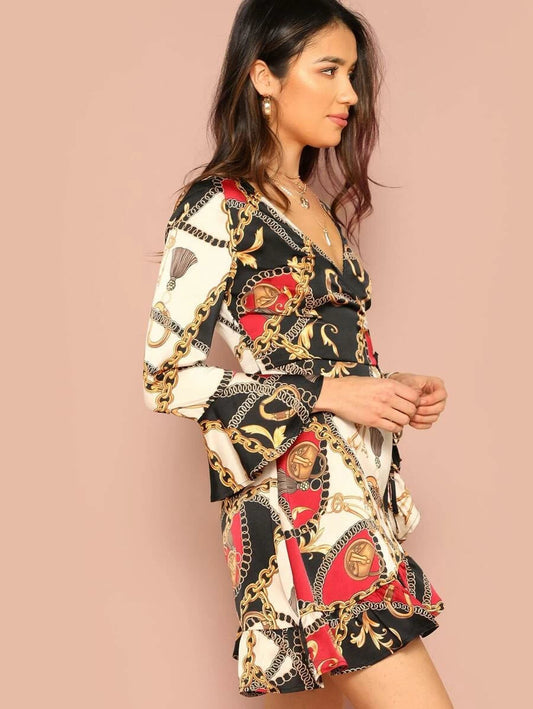 Flounce Sleeve Ruffle Trim Chain Print Wrap Belted Dress Periwinkley Shop