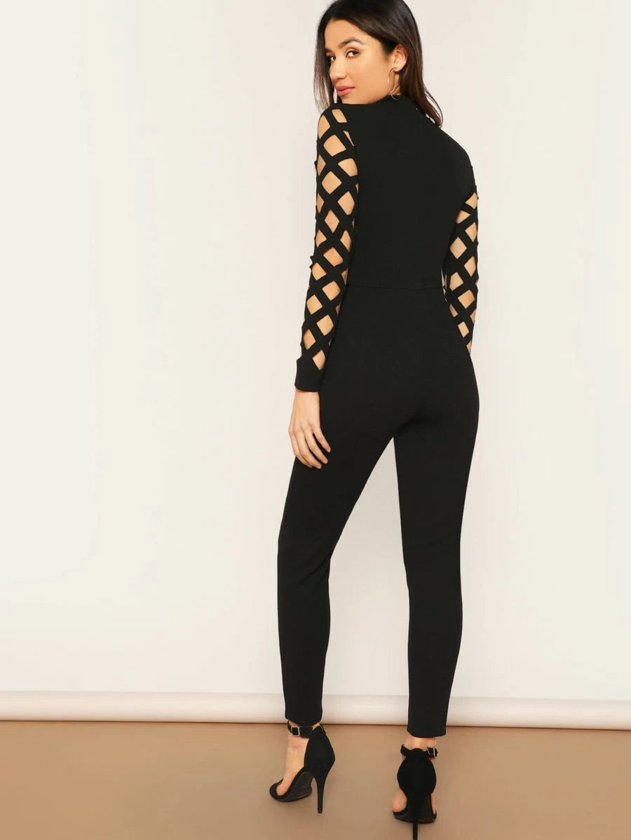 Zip Back Mock-neck Cut-out Geo Jumpsuit Periwinkley Shop