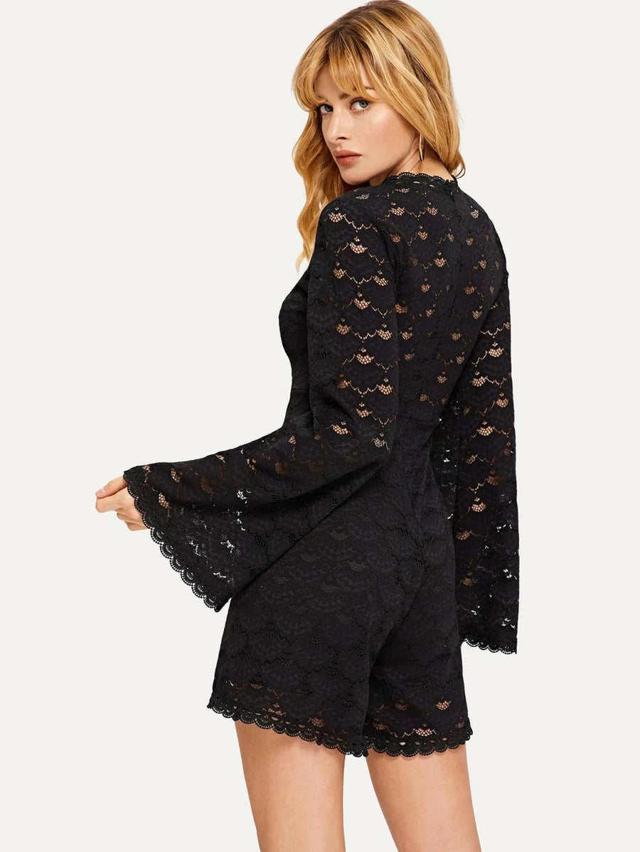 Lace Overlay Bell Sleeve Romper Periwinkley Shop