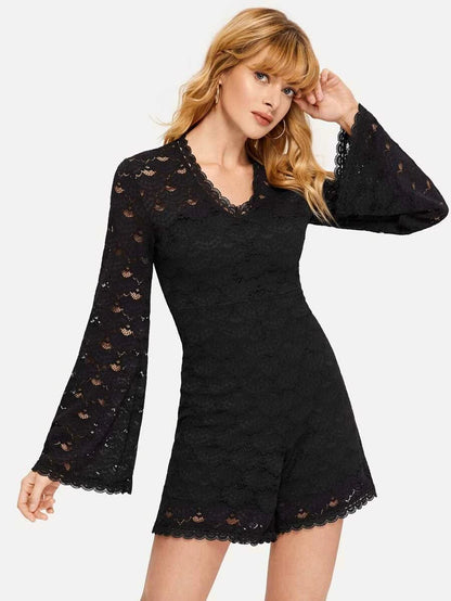 Lace Overlay Bell Sleeve Romper Periwinkley Shop