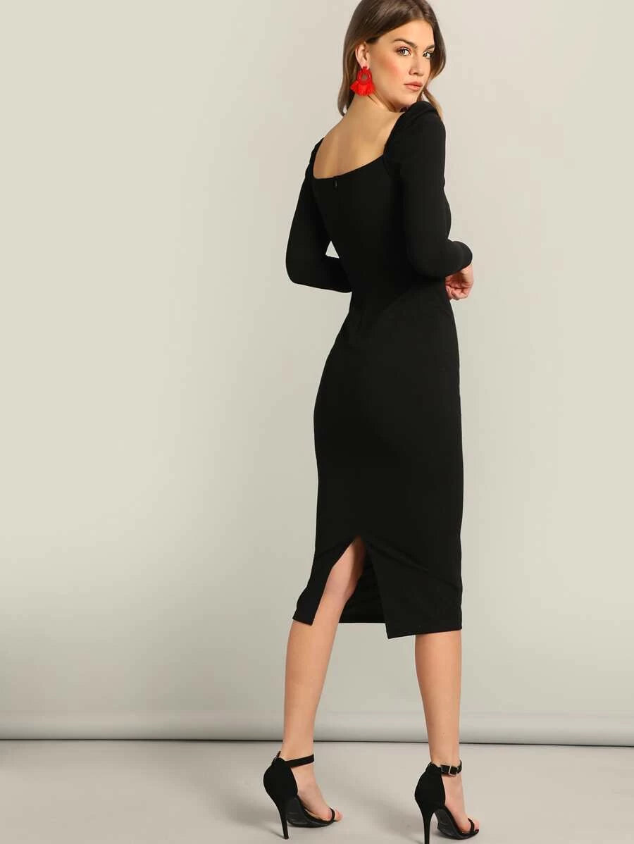 Surplice Neck Puff Sleeve Split Pencil Dress Periwinkley Shop