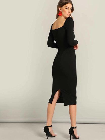 Surplice Neck Puff Sleeve Split Pencil Dress Periwinkley Shop