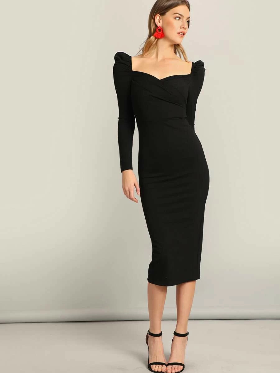 Surplice Neck Puff Sleeve Split Pencil Dress Periwinkley Shop