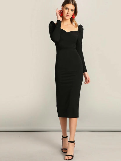 Surplice Neck Puff Sleeve Split Pencil Dress Periwinkley Shop