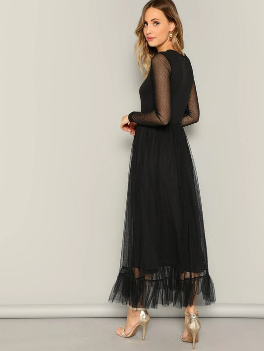 Fit and Flare Mesh Overlay Ruffle Hem Dress Periwinkley Shop