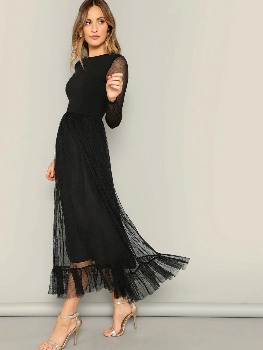 Fit and Flare Mesh Overlay Ruffle Hem Dress Periwinkley Shop