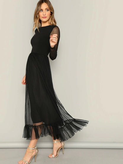 Fit and Flare Mesh Overlay Ruffle Hem Dress Periwinkley Shop