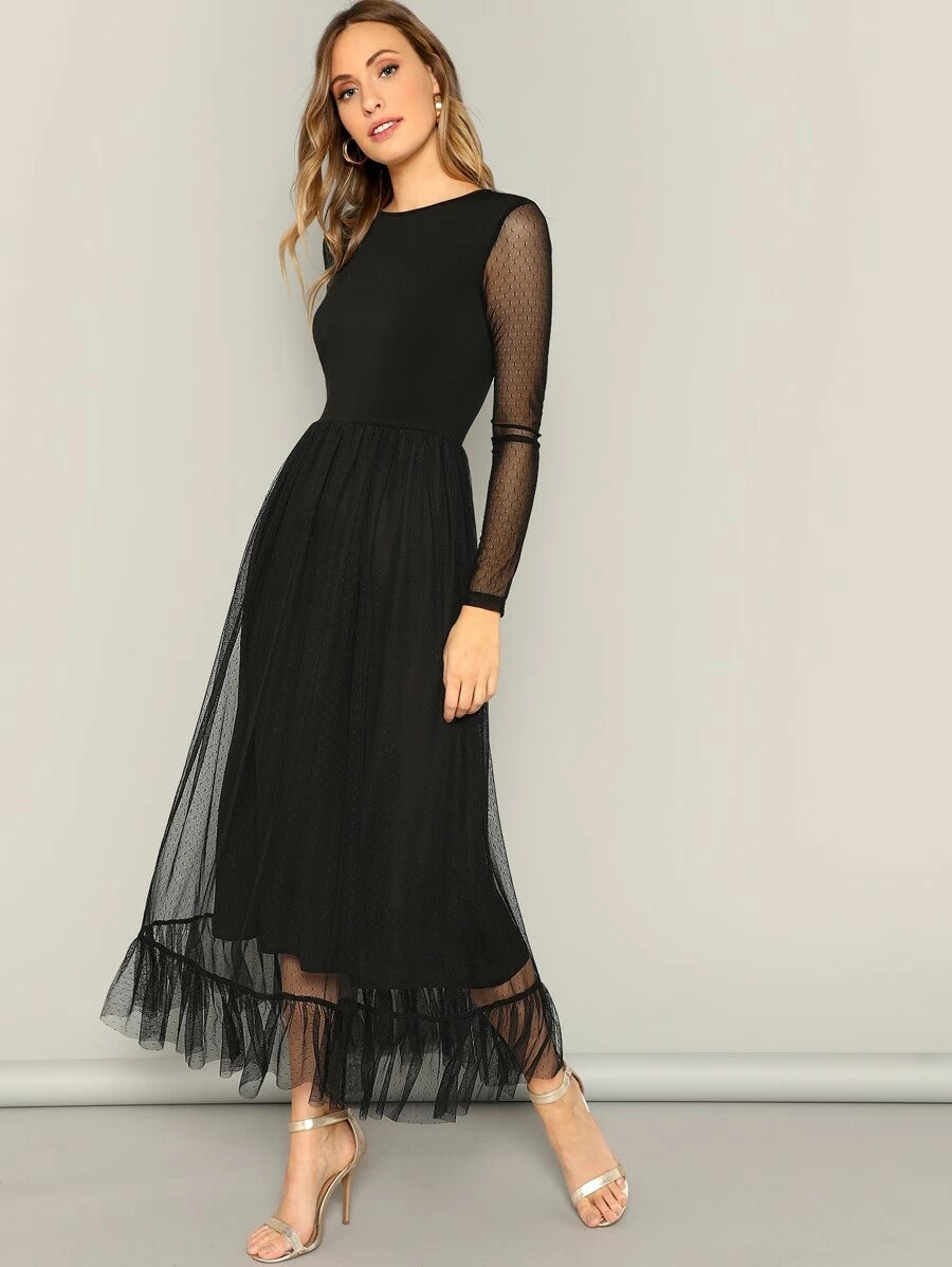 Fit and Flare Mesh Overlay Ruffle Hem Dress Periwinkley Shop