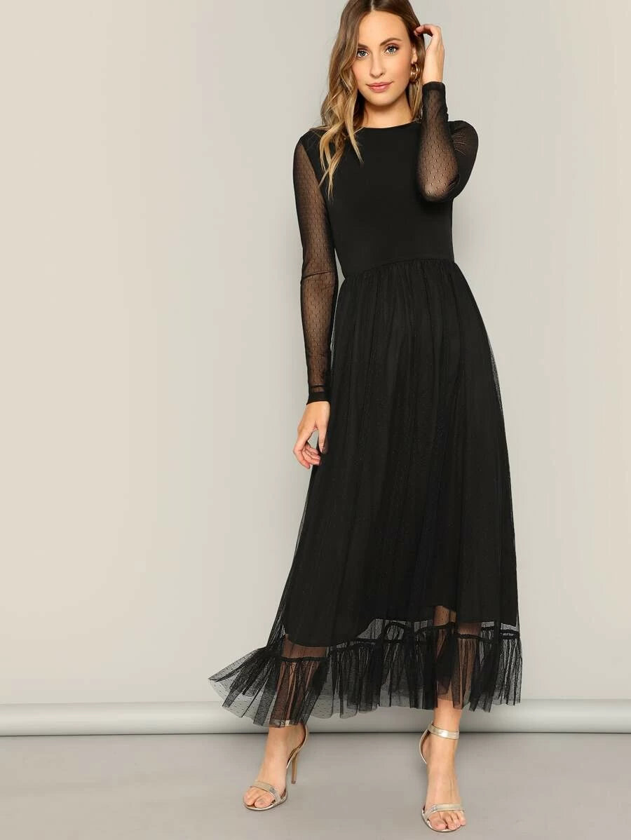 Fit and Flare Mesh Overlay Ruffle Hem Dress Periwinkley Shop