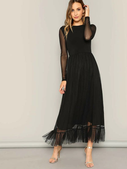 Fit and Flare Mesh Overlay Ruffle Hem Dress Periwinkley Shop