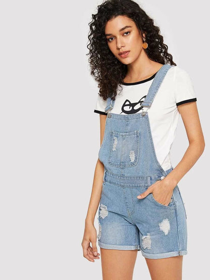 Bleach Wash Ripped Denim Overalls Periwinkley Shop