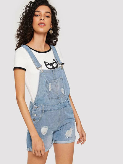Bleach Wash Ripped Denim Overalls Periwinkley Shop