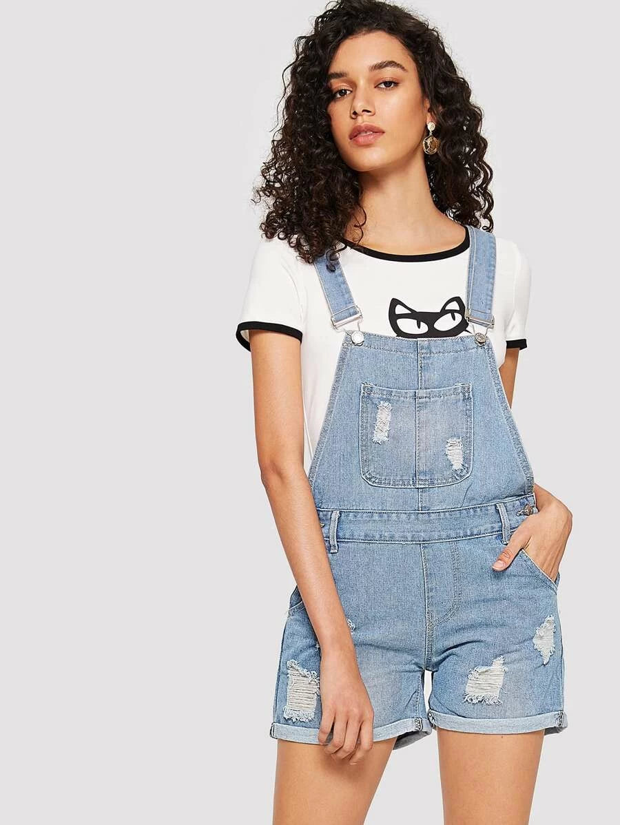 Bleach Wash Ripped Denim Overalls Periwinkley Shop