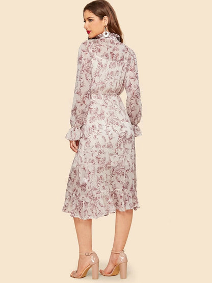 Tie Neck Ruffle Hem Floral Dress Periwinkley Shop