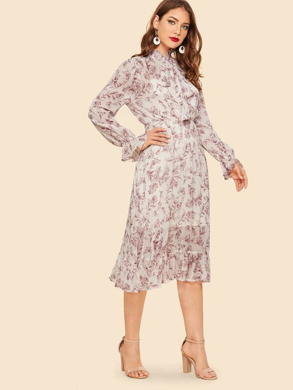 Tie Neck Ruffle Hem Floral Dress Periwinkley Shop