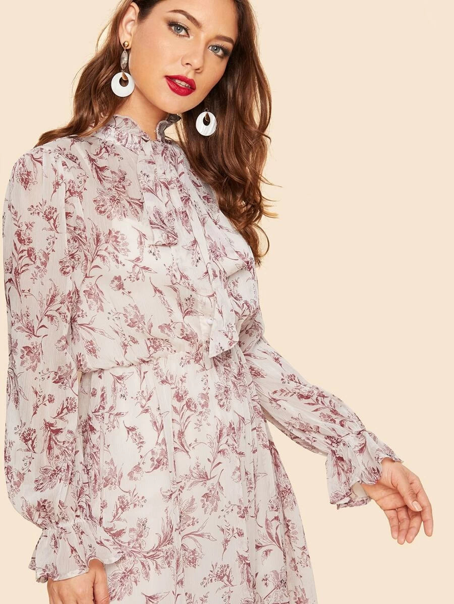 Tie Neck Ruffle Hem Floral Dress Periwinkley Shop