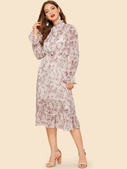 Tie Neck Ruffle Hem Floral Dress Periwinkley Shop