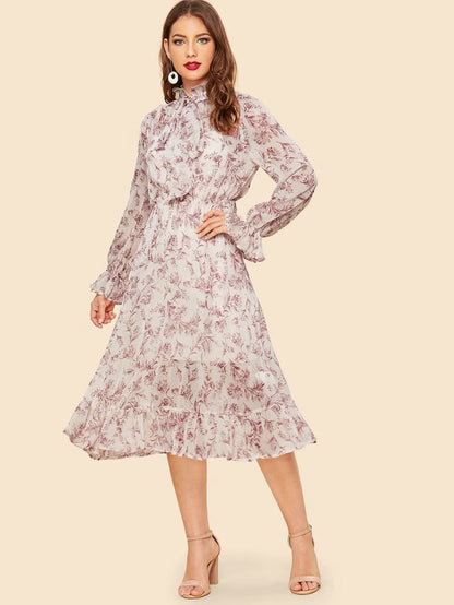 Tie Neck Ruffle Hem Floral Dress Periwinkley Shop