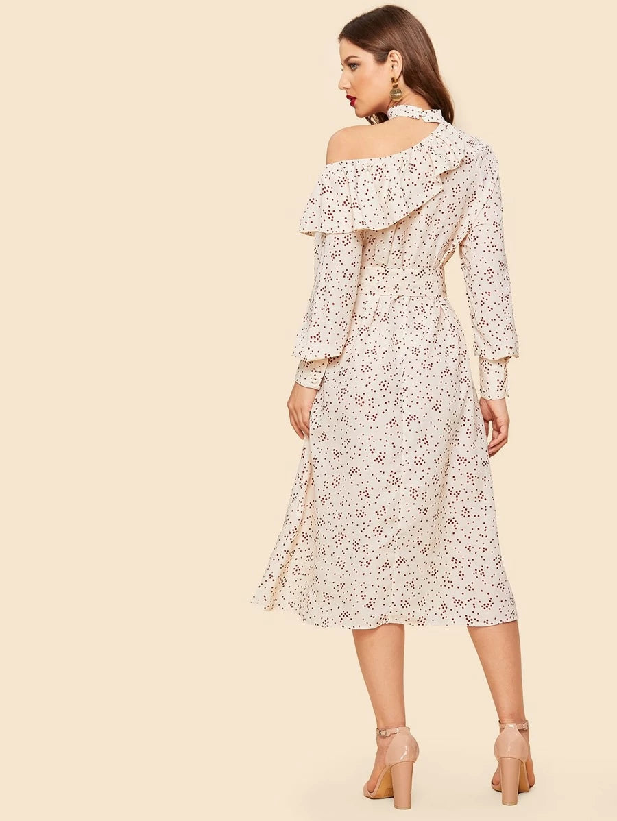 90s Flounce Cutout Shoulder Dot Print Belted Dress Periwinkley Shop