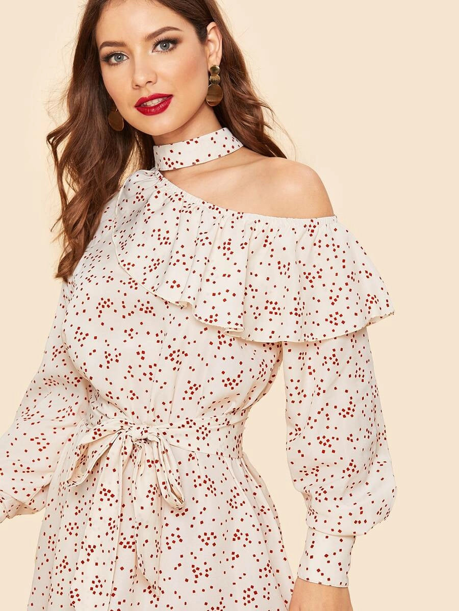 90s Flounce Cutout Shoulder Dot Print Belted Dress Periwinkley Shop