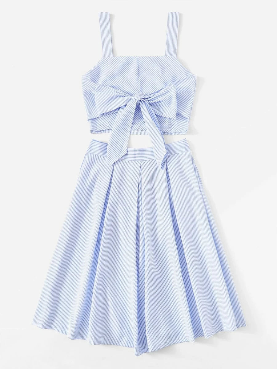 Striped Bow Tie Crop Cami Top With Box Pleated Skirt Periwinkley Shop