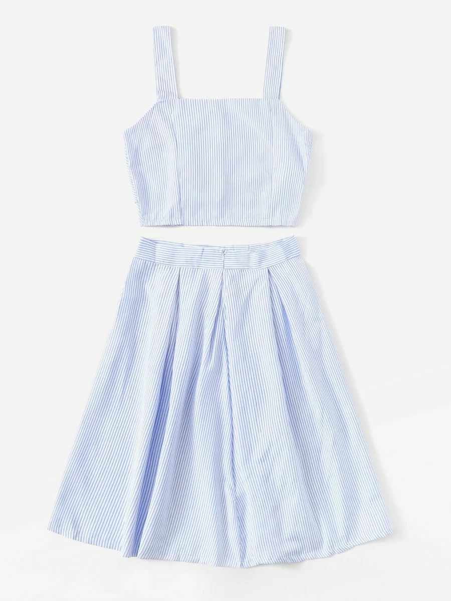 Striped Bow Tie Crop Cami Top With Box Pleated Skirt Periwinkley Shop