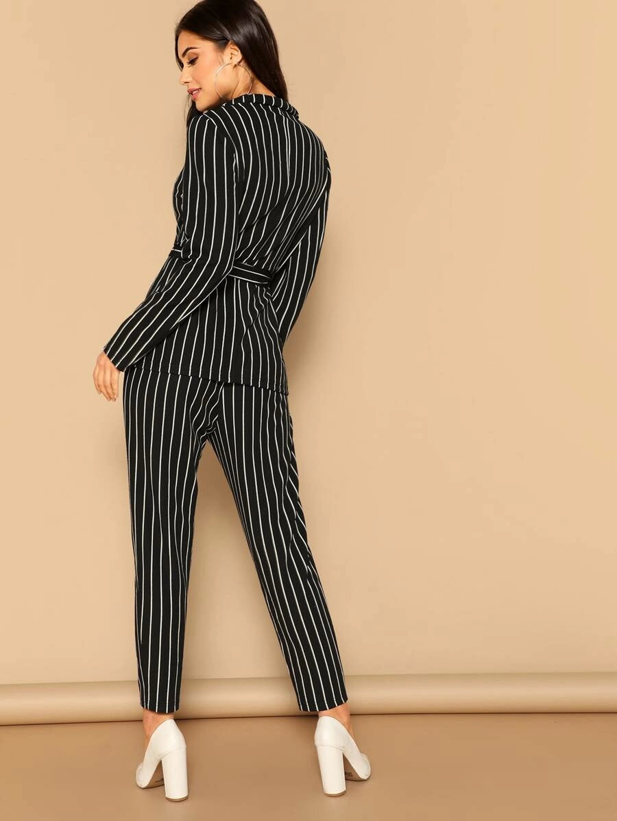 Shawl Collar Belted Pinstripe Blazer & Cigarette Pants Set Periwinkley Shop