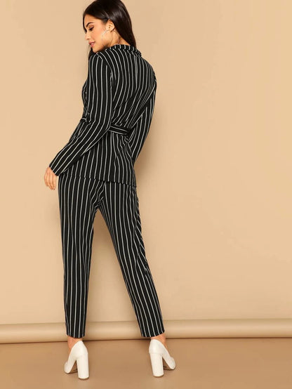 Shawl Collar Belted Pinstripe Blazer & Cigarette Pants Set Periwinkley Shop