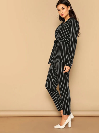 Shawl Collar Belted Pinstripe Blazer & Cigarette Pants Set Periwinkley Shop