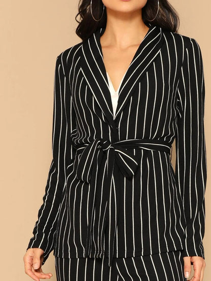 Shawl Collar Belted Pinstripe Blazer & Cigarette Pants Set Periwinkley Shop