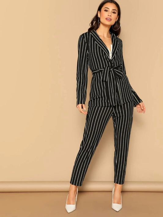 Shawl Collar Belted Pinstripe Blazer & Cigarette Pants Set Periwinkley Shop