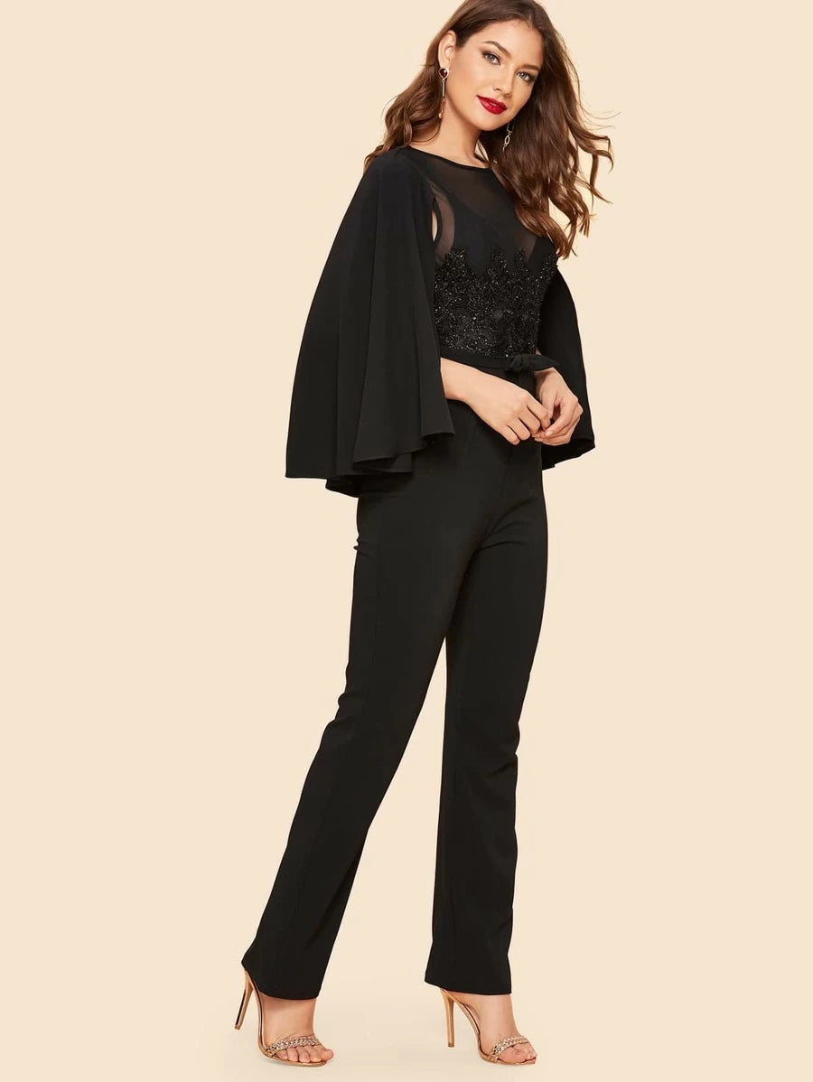 Mesh Insert Applique Cape Sleeve Jumpsuit Periwinkley Shop