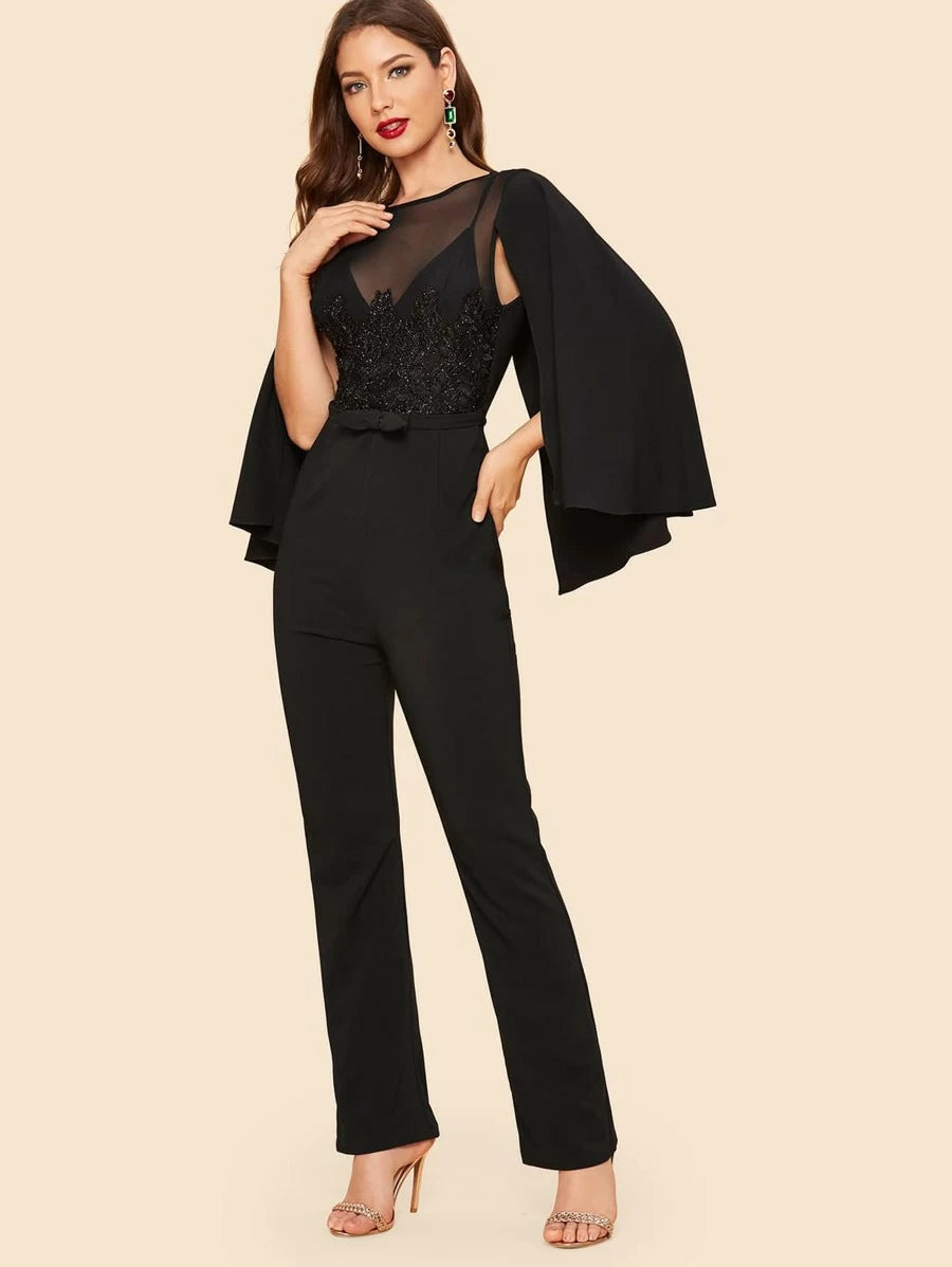 Mesh Insert Applique Cape Sleeve Jumpsuit Periwinkley Shop
