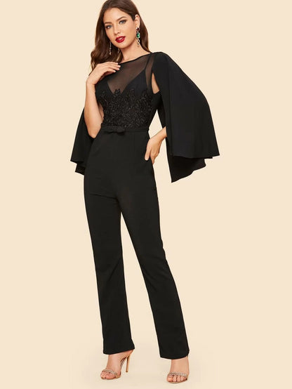 Mesh Insert Applique Cape Sleeve Jumpsuit Periwinkley Shop