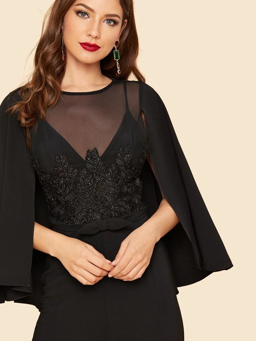 Mesh Insert Applique Cape Sleeve Jumpsuit Periwinkley Shop