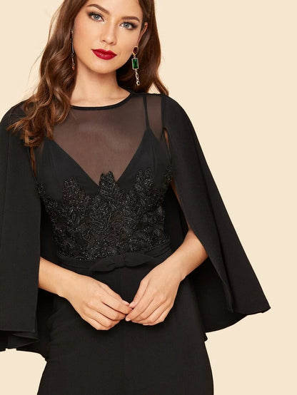 Mesh Insert Applique Cape Sleeve Jumpsuit Periwinkley Shop