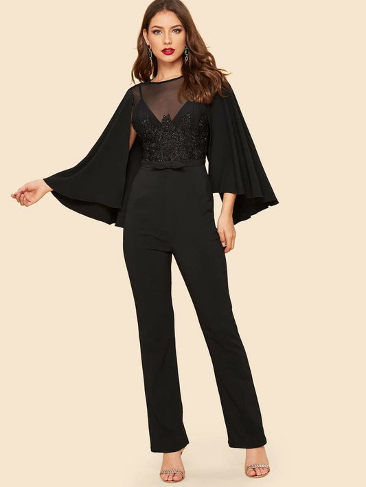 Mesh Insert Applique Cape Sleeve Jumpsuit Periwinkley Shop