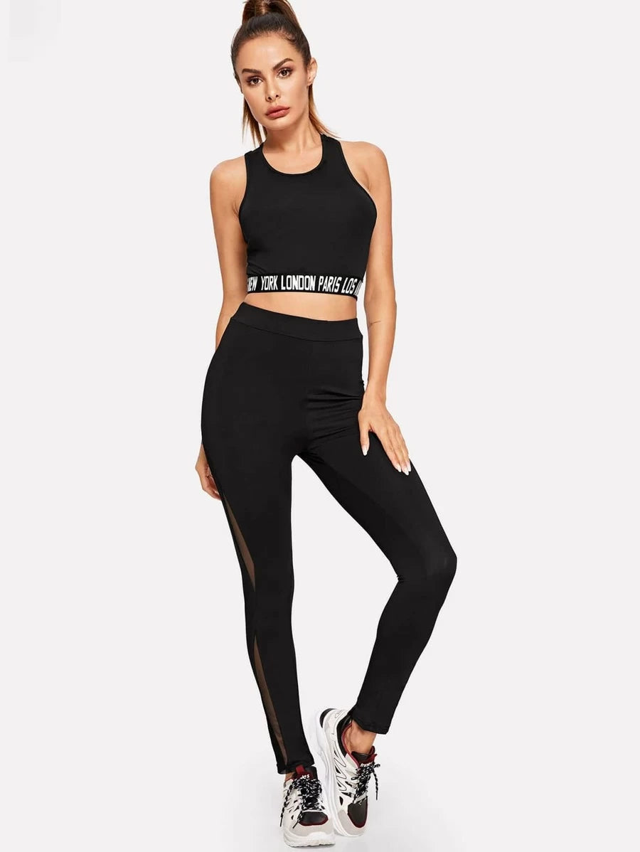 Lettered Tape Tank Top & Mesh Insert Leggings Set Periwinkley Shop