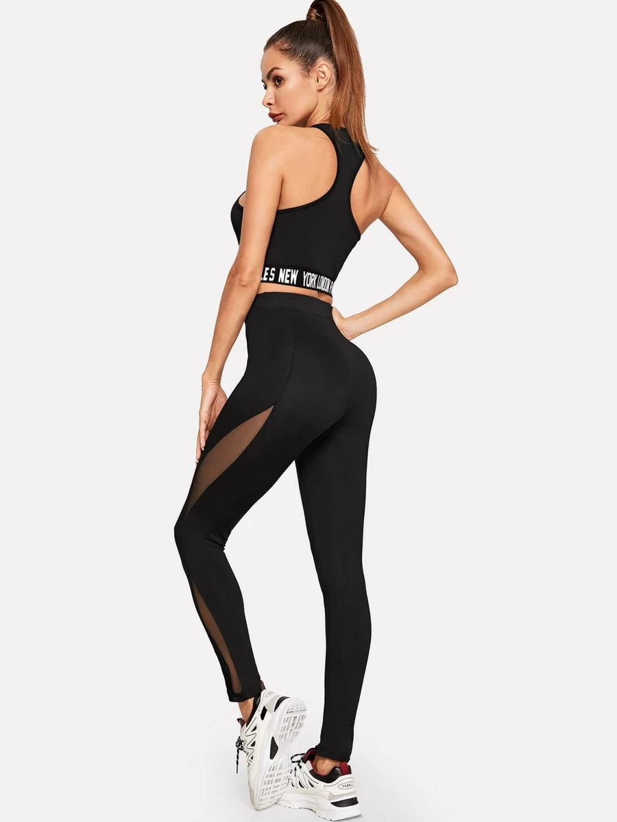 Lettered Tape Tank Top & Mesh Insert Leggings Set Periwinkley Shop