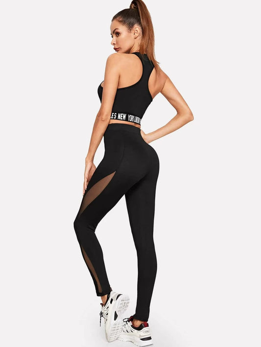 Lettered Tape Tank Top & Mesh Insert Leggings Set Periwinkley Shop