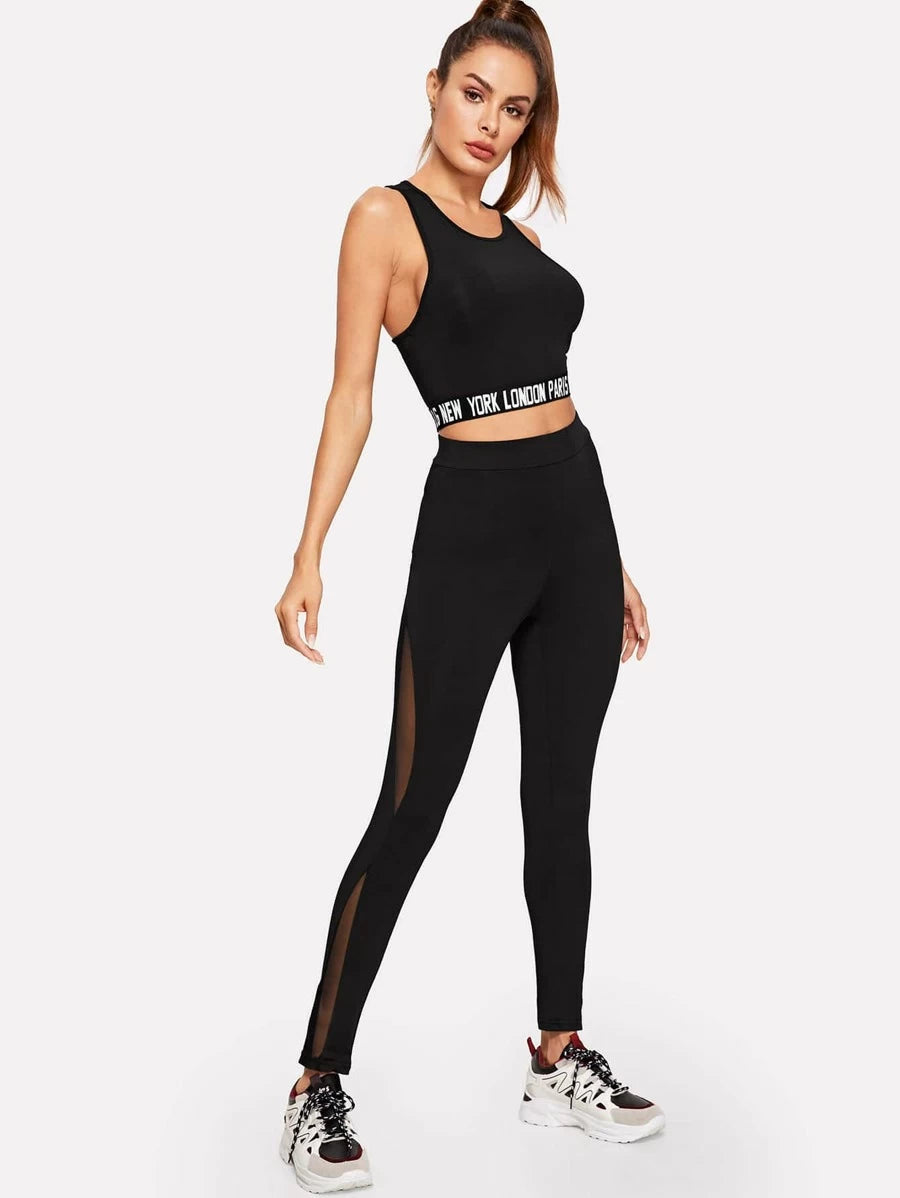 Lettered Tape Tank Top & Mesh Insert Leggings Set Periwinkley Shop