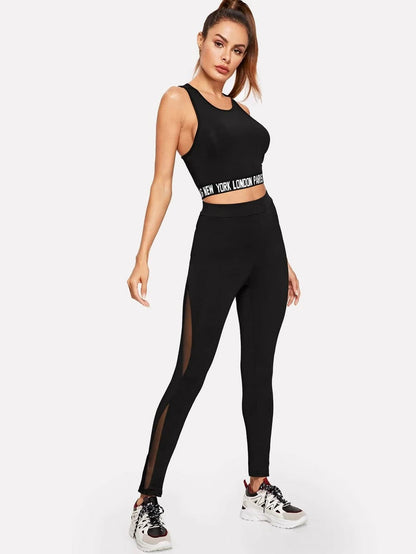 Lettered Tape Tank Top & Mesh Insert Leggings Set Periwinkley Shop