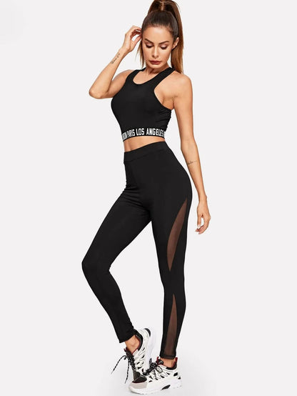 Lettered Tape Tank Top & Mesh Insert Leggings Set Periwinkley Shop