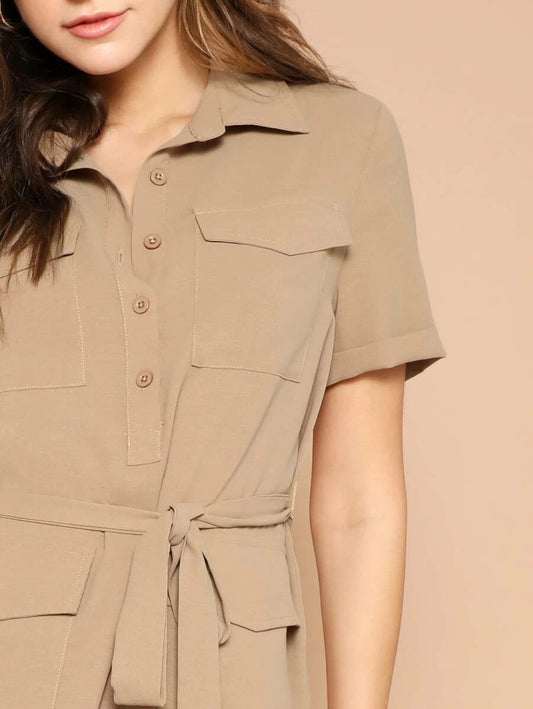 Half Placket Multi-pocket Belted Dress Periwinkley Shop