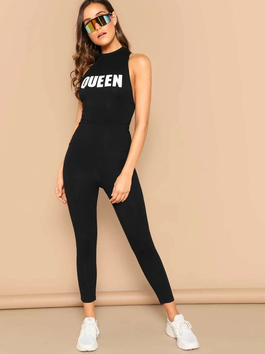 Letter Print Racerback Unitard Jumpsuit Periwinkley Shop