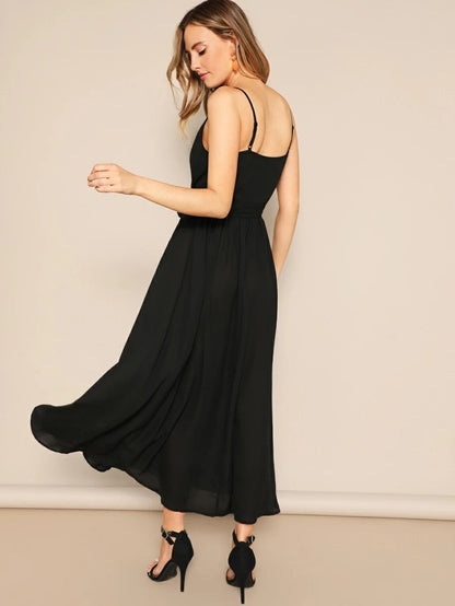 Plunging Neck Eyelash Lace Trim Belted Cami Dress Periwinkley Shop