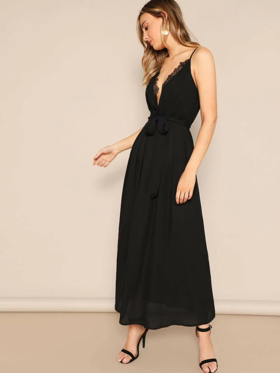 Plunging Neck Eyelash Lace Trim Belted Cami Dress Periwinkley Shop